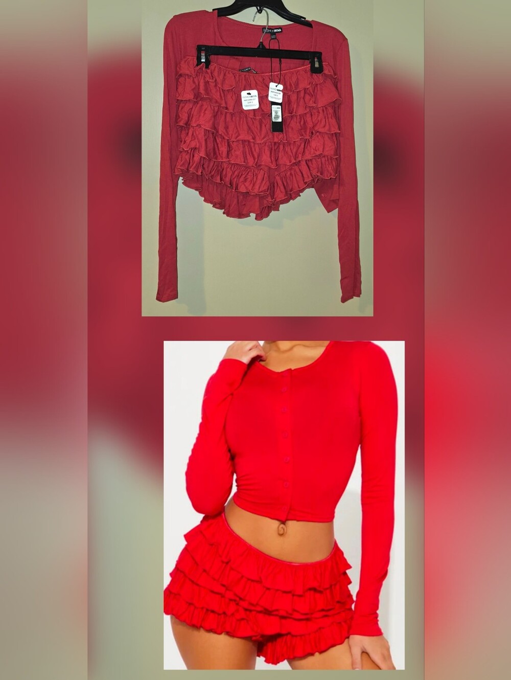 Raya Long Sleeve Ruffle Short Set - Red